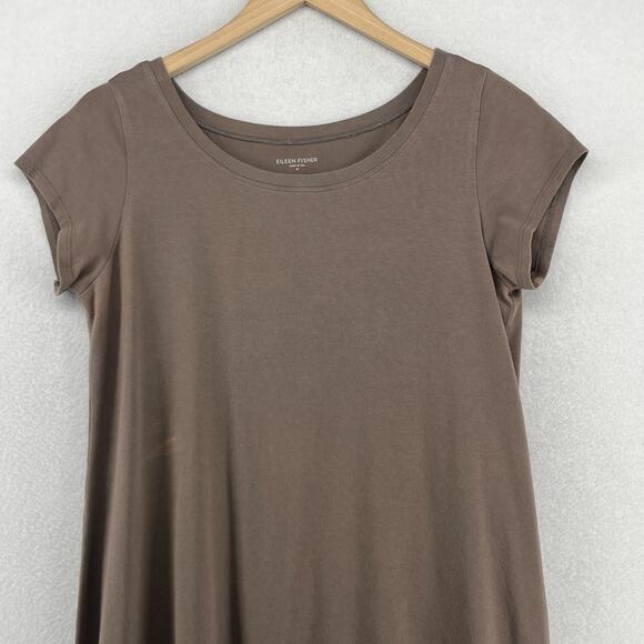 EILEEN FISHER Dress M Organic Cotton Stretch Jersey Scoop Neck Midi Brown USA - Picture 3 of 13